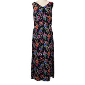 Coldwater Creek Black Floral Silk Sleeveless Lined Maxi Dress Size 8